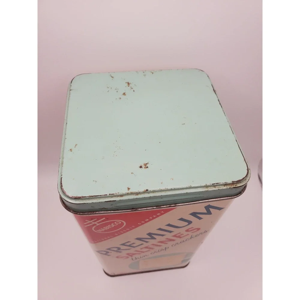 Vintage 1965 Nabisco Premium Saltines Cracker Tin - Bilingual w/ Turquoise Lid